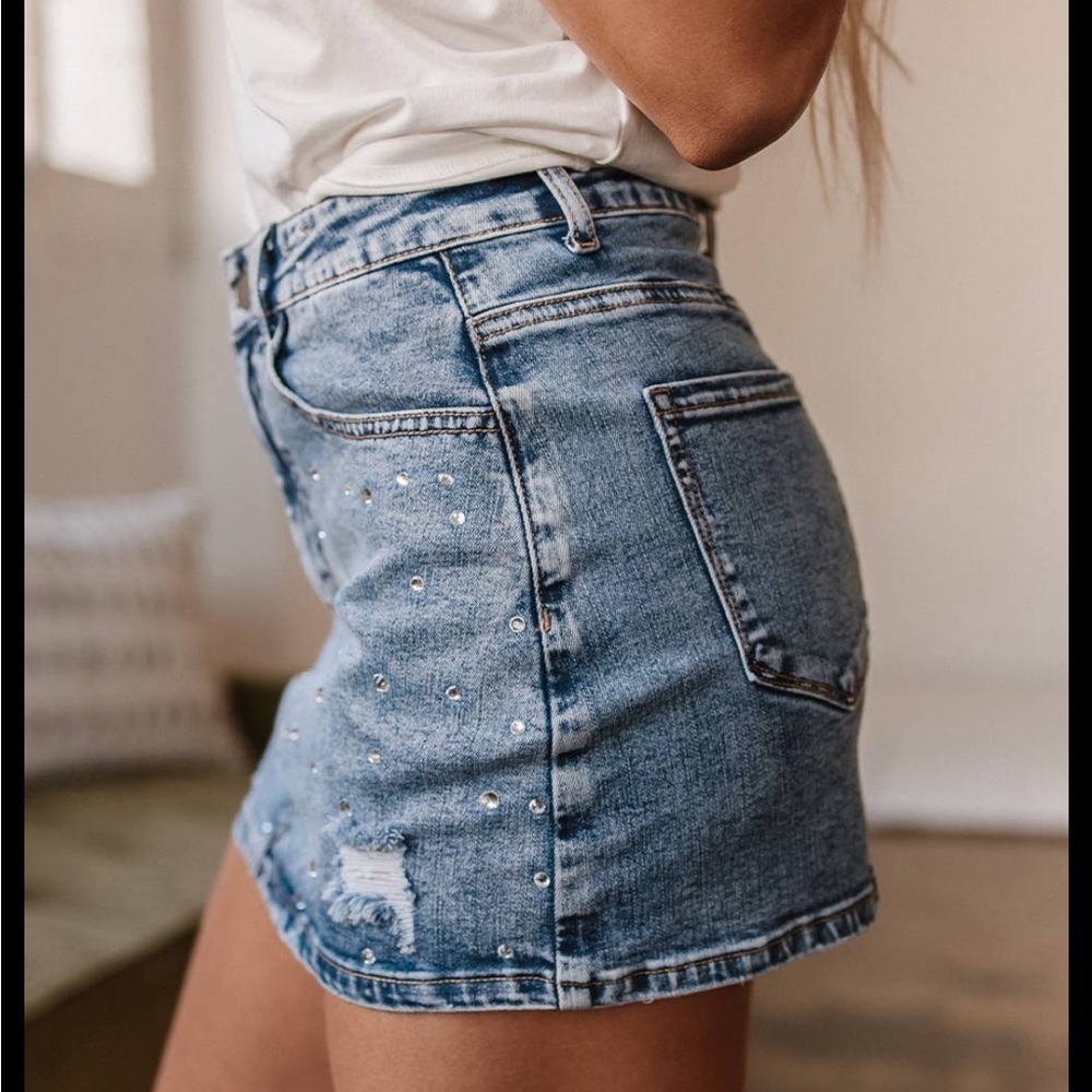 Rhinestone Distressed Denim High Waist Mini Skirt